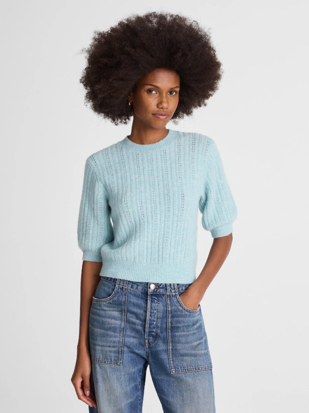 Madewell CloudSoft Short-Sleeve Sweater Tee in Mint Blue, Size Small